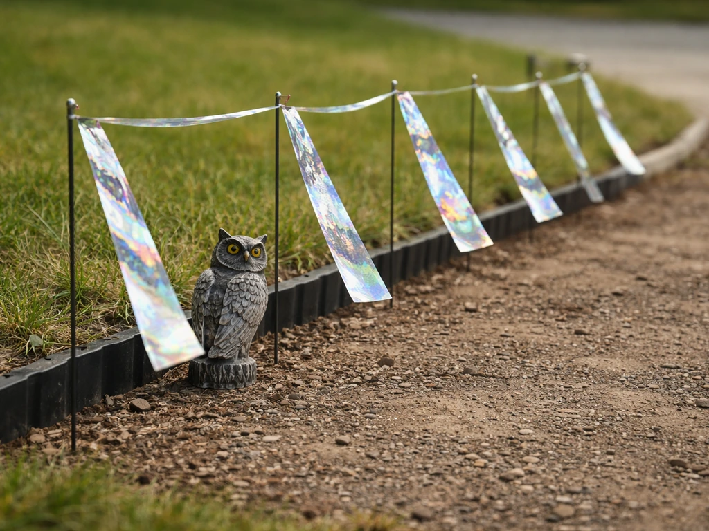 Close-up of a bird scarer at the edge of a property, reflective tape creating an undesirable landing zone.