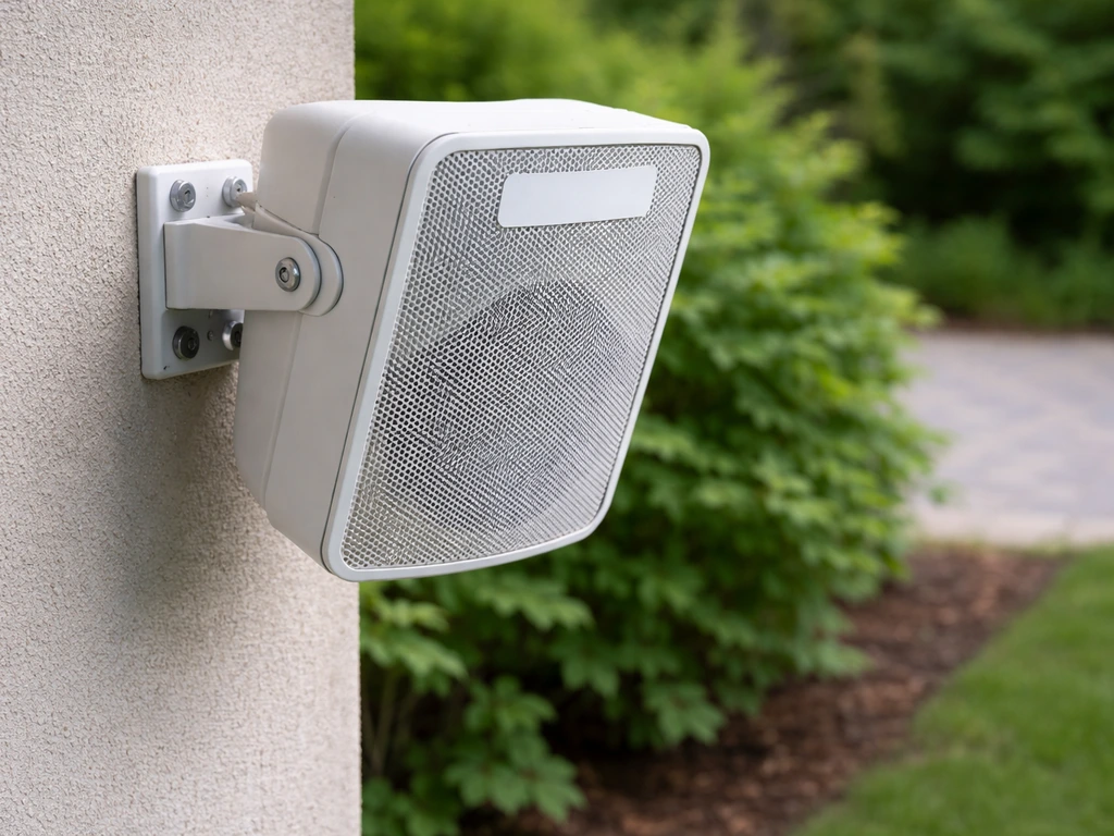 Weatherproof outdoor speaker unit mounted near a garden perimeter to deter animals with sound.