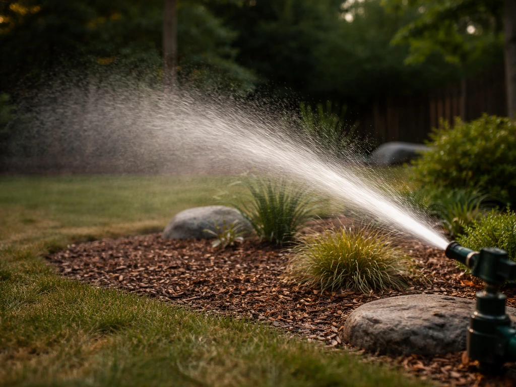 Motion-triggered sprinkler jets water into a landing area, with a visible spray plume at dusk.