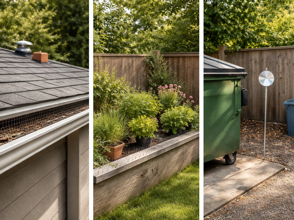 Minimal photo of three separate bird-deterrent setups outdoors: rooftop roost netting, garden sparrow spikes, and a dump
