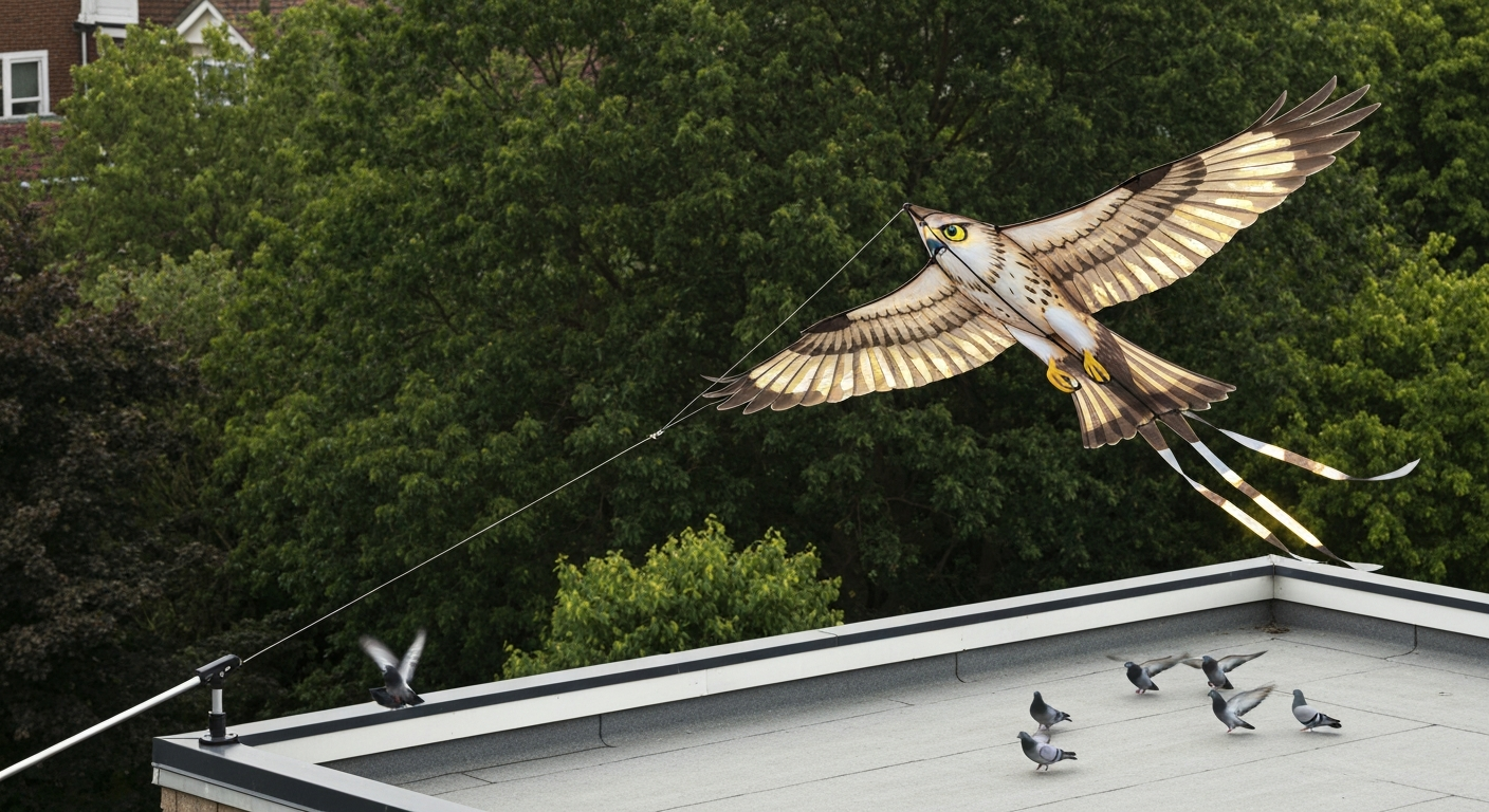 Hawk-shaped bird-scarer kite flying above a garden and rooftop with reflective strips and an eye pattern; pigeons flying away.