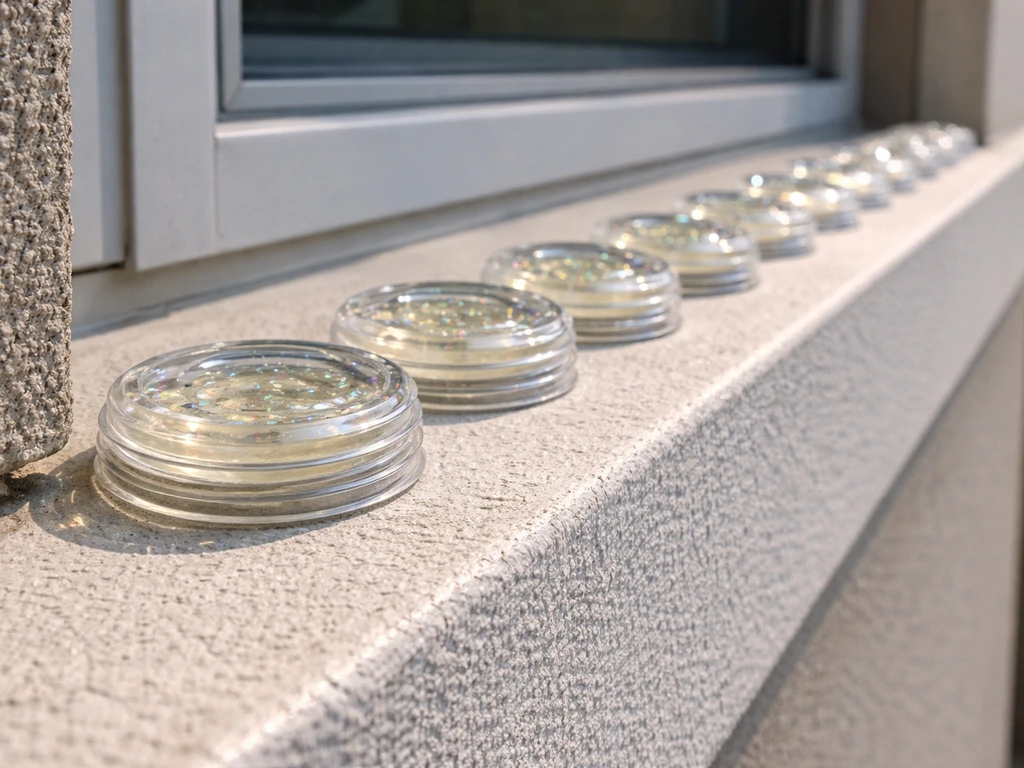 Close-up of small pre-filled optical gel dishes lined along a window ledge with subtle UV glow reflection.
