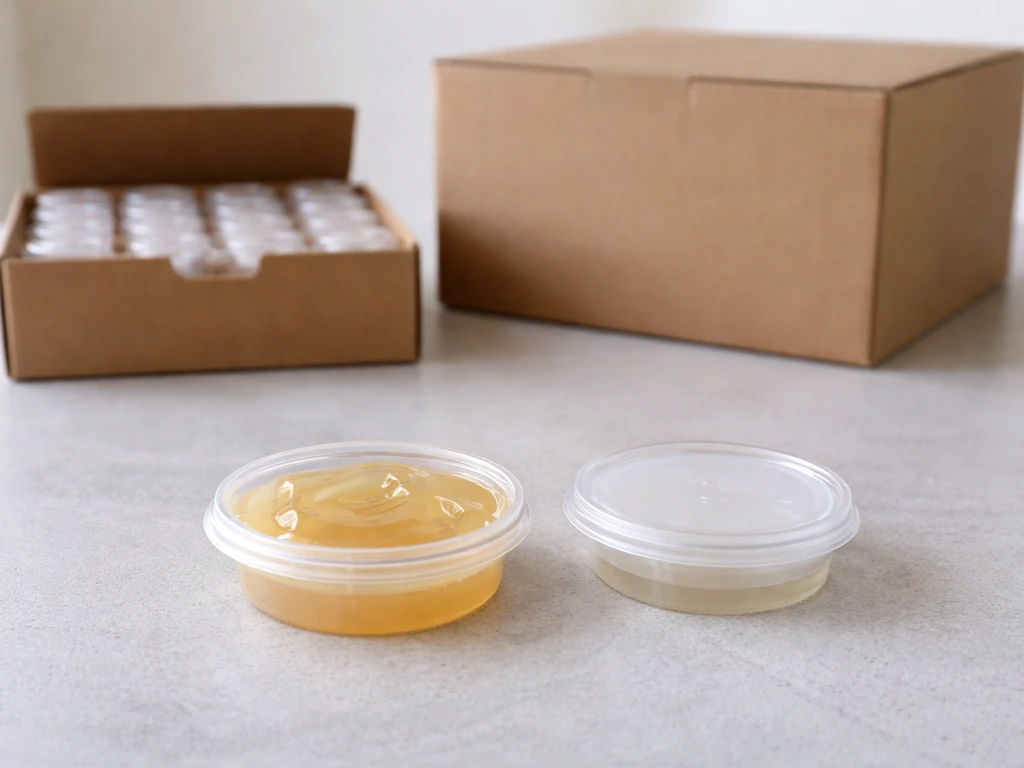 Open pre-filled plastic dish of translucent optical gel with 24-pack and 200-pack cartons in the background.
