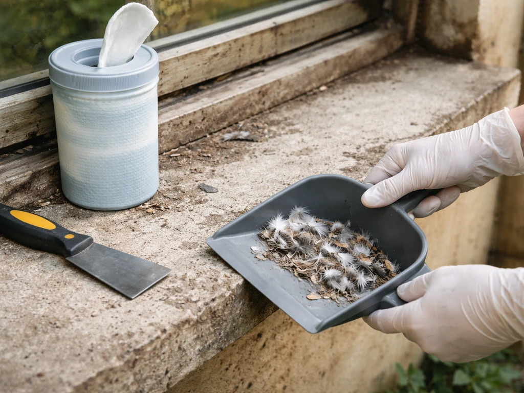 Gloved hands scrape and wipe an old ledge, clearing feathers and debris into a small dustpan.