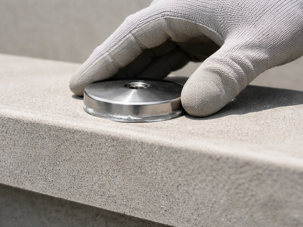 Gloved hands pressing a dish with a visible silicone adhesive dab onto a horizontal surface.