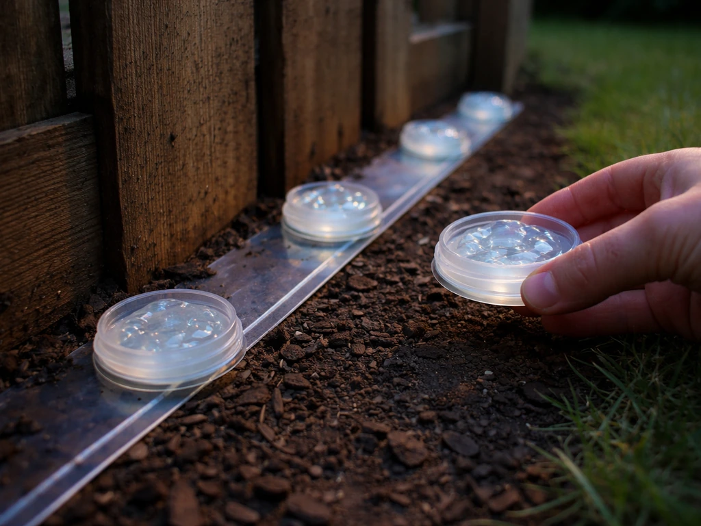 Ground-level view of gel bird barrier dishes along a fence, with one being replaced for refreshment.