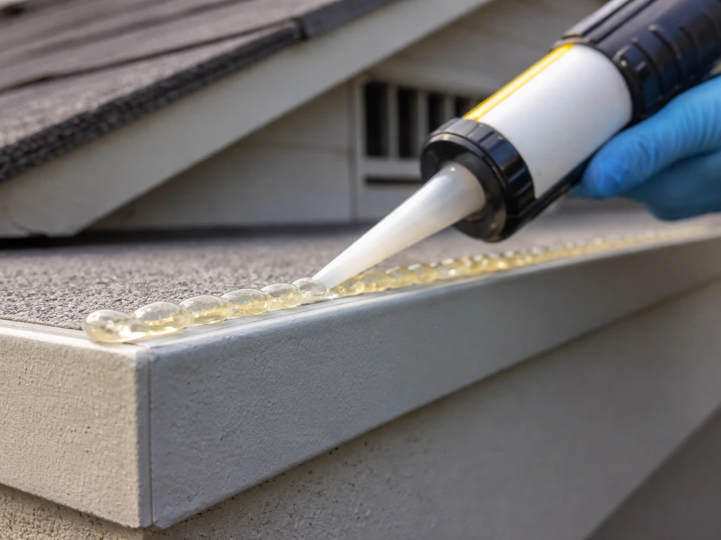Gloved hand applying a bead of bird repellent gel along a building ledge edge near rails and eaves