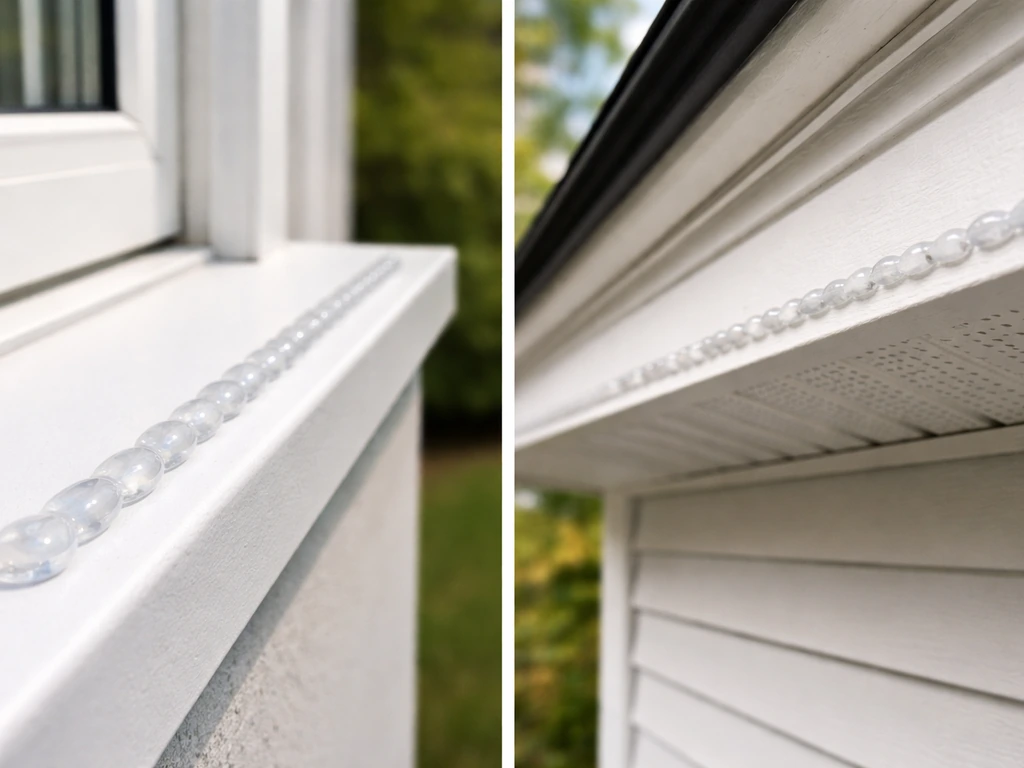 Two minimal split scenes showing a window ledge with gel bead near the edge and eave/soffit edge with another bead.