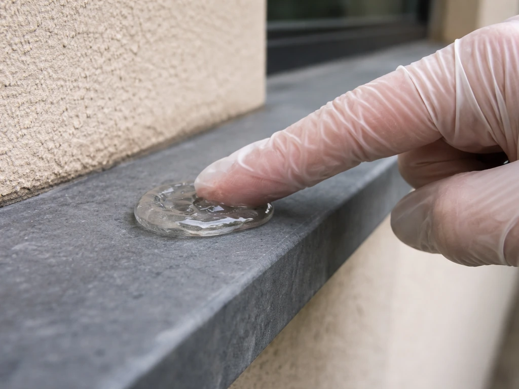 Gloved hand lightly pressing a clear tacky bird-deterring gel on a small outdoor ledge