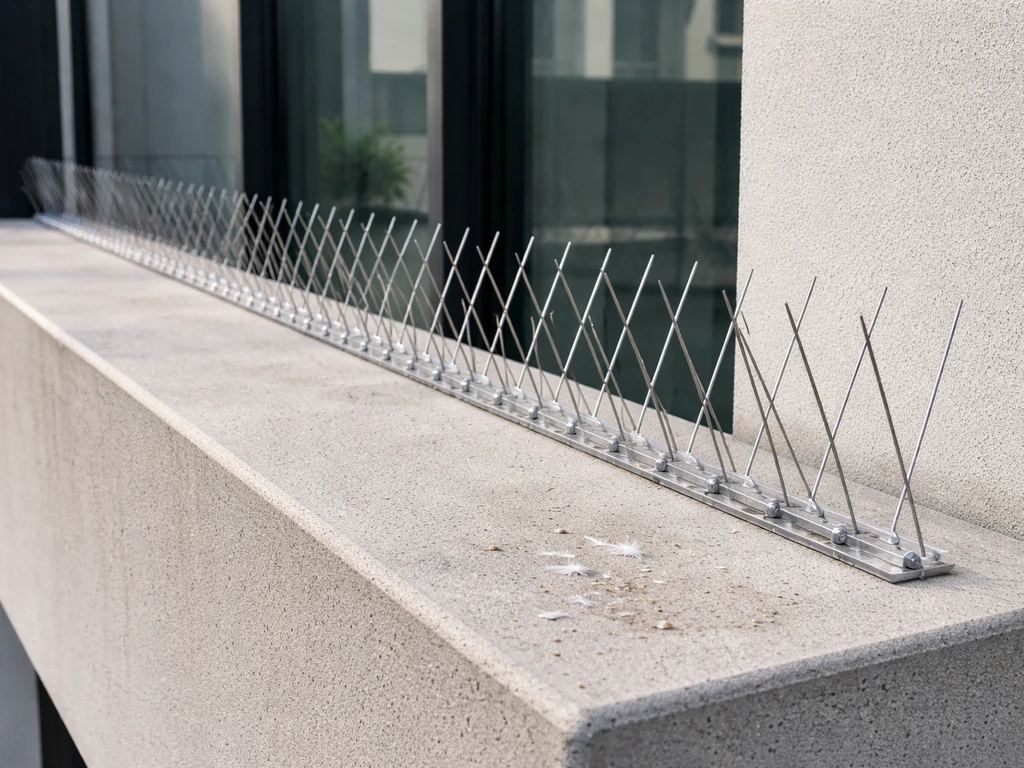 Installed bird spikes on a building ledge, showing the protected area where birds would land.