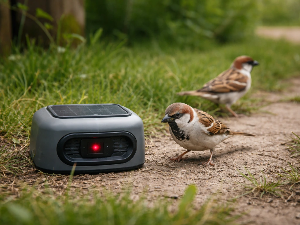 Close-up of two small birds near a simple yard deterrent, then turning away in a minimal scene.