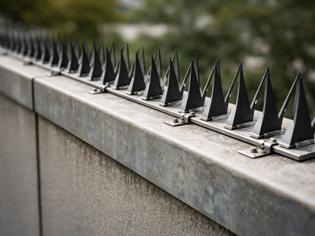 Close-up of bird spikes mounted along an exterior ledge with continuous barrier coverage