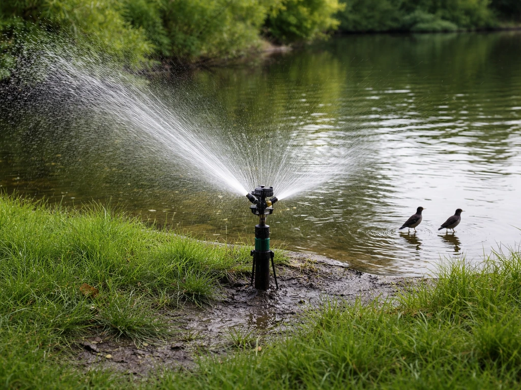 Motion-activated sprinkler at a pond edge spraying water as birds approach.