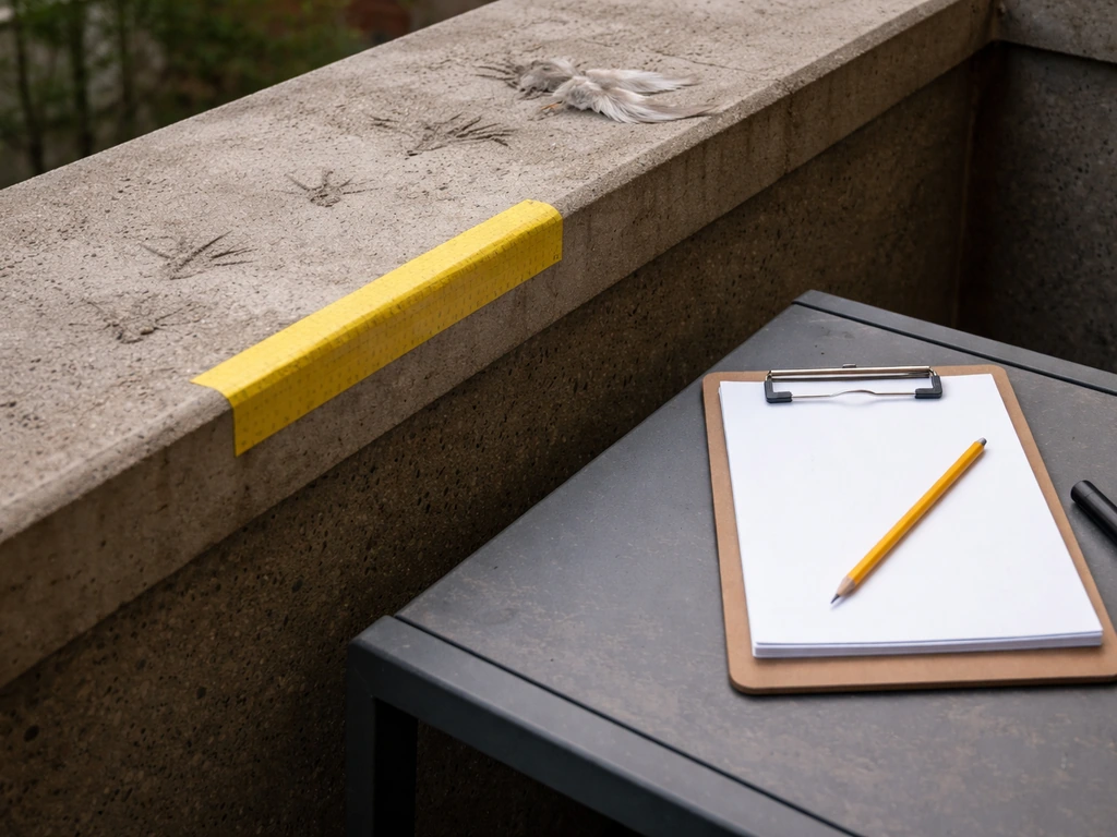 Close-up of a balcony ledge with bird footprints and a blank clipboard for daily monitoring notes.