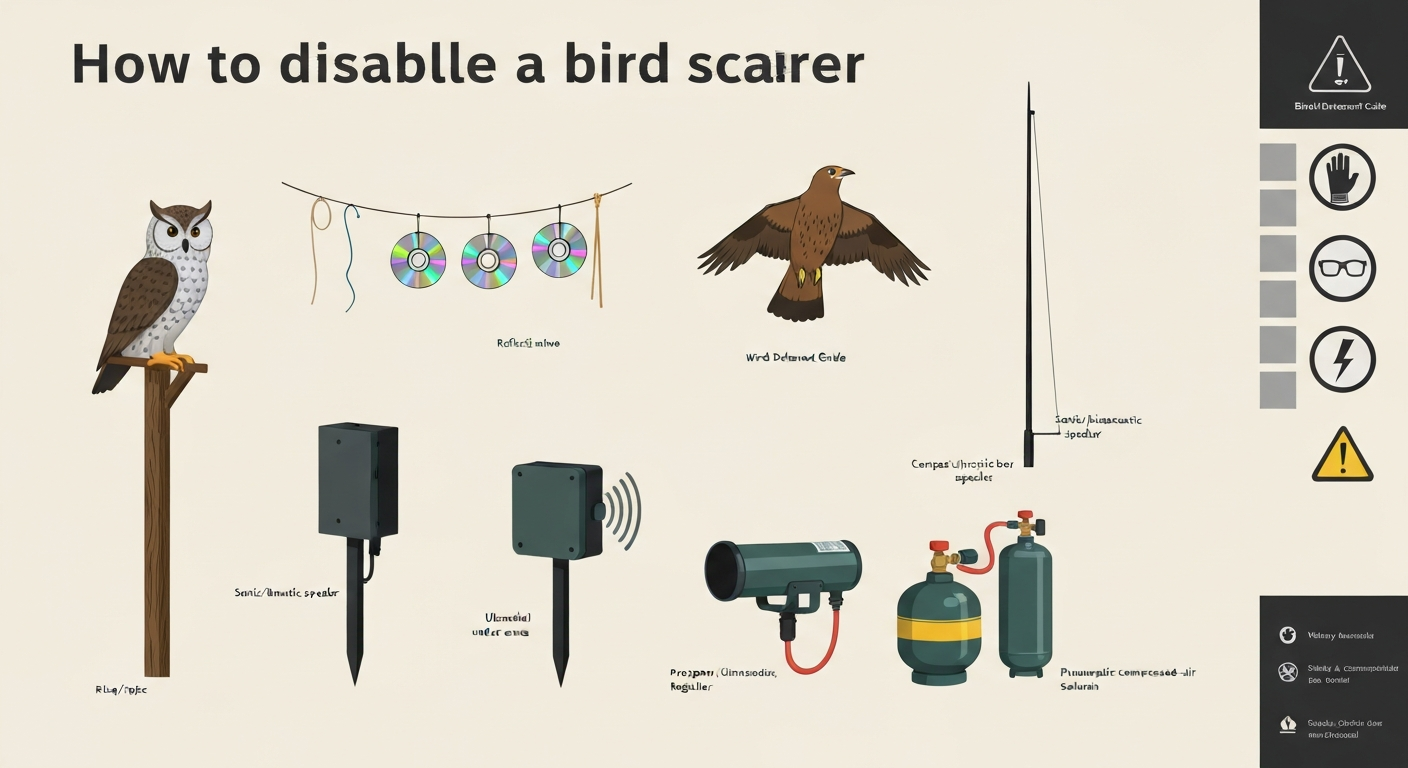 Infographic showing common bird scarers: plastic owl, reflective tape/CDs, hawk kite, sonic speaker, ultrasonic unit, propane cannon, and pneumatic cannon, with safety icons.