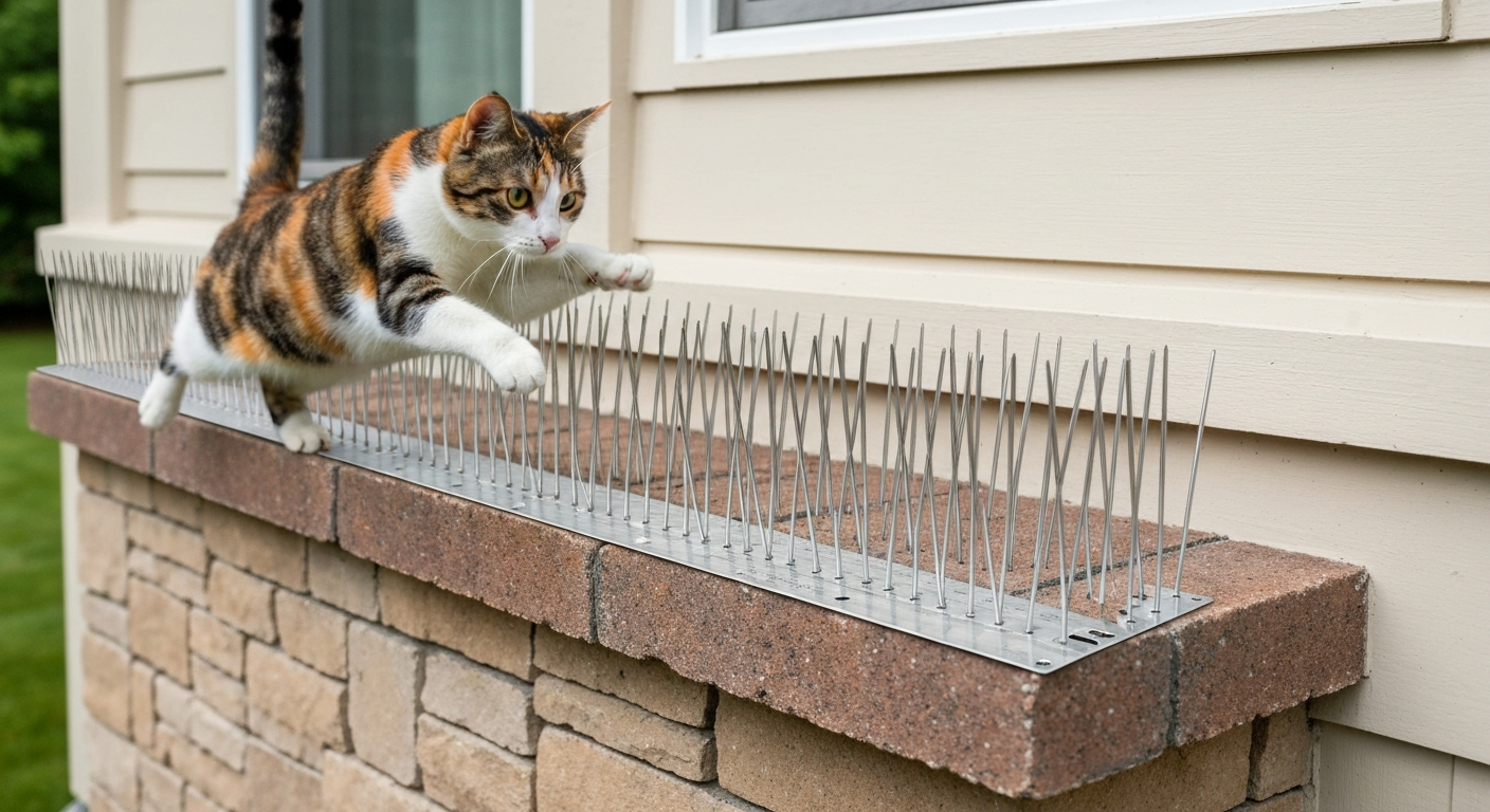 Calico cat pausing mid-jump above a masonry ledge fully covered by stainless steel bird spikes.