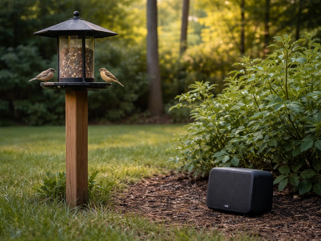 Quiet backyard feeder with a small outdoor speaker positioned near bird habitat, suggesting bird-call playback.