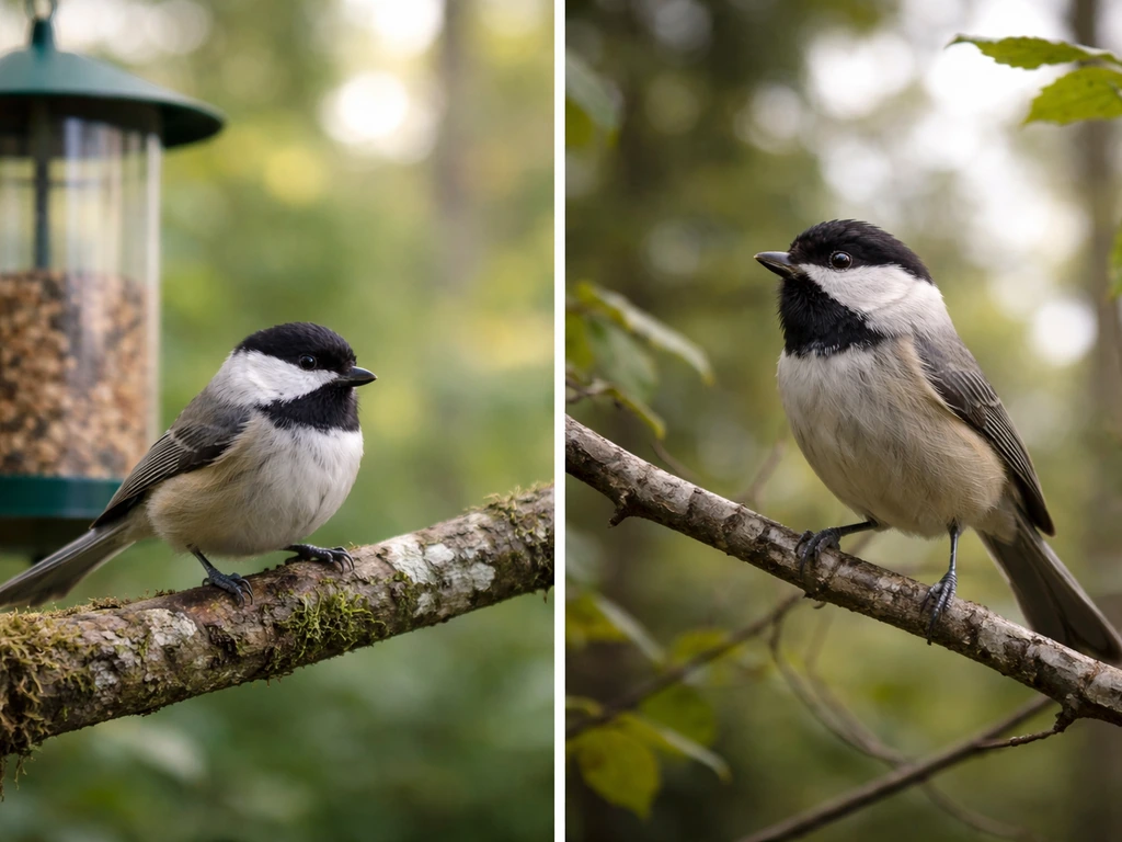 Minimal side-by-side scene: bird near feeder vs bird perched alert with different call vibes, no text.