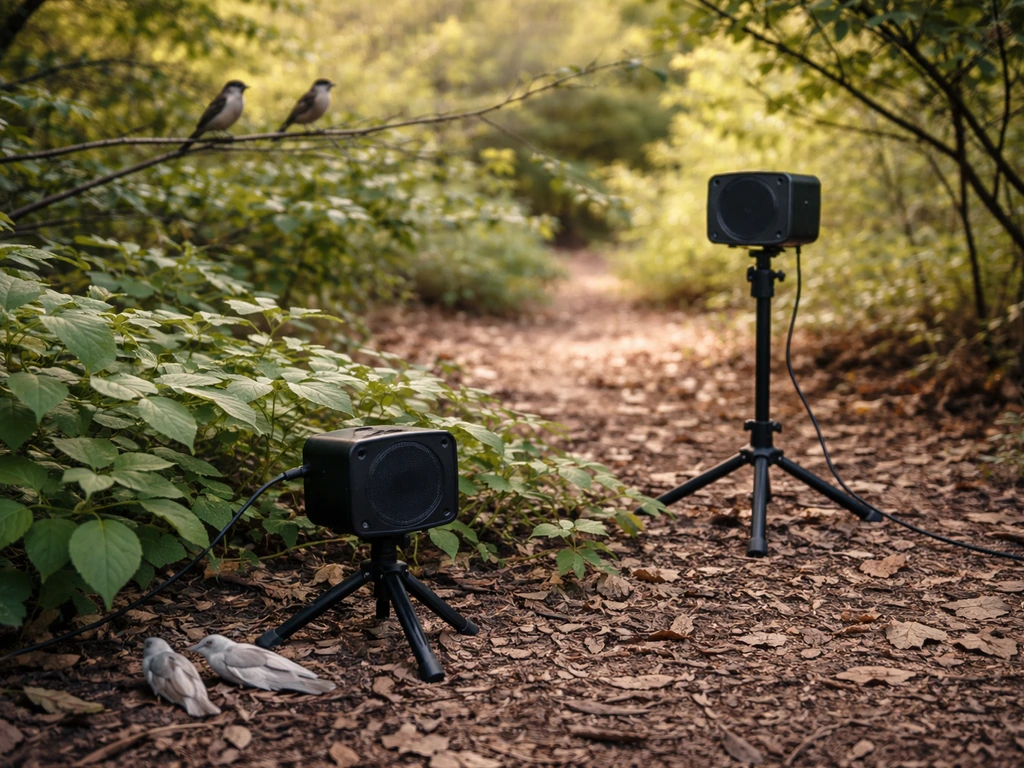 Two bird-call speakers placed low by cover and higher among branches with songbirds nearby.