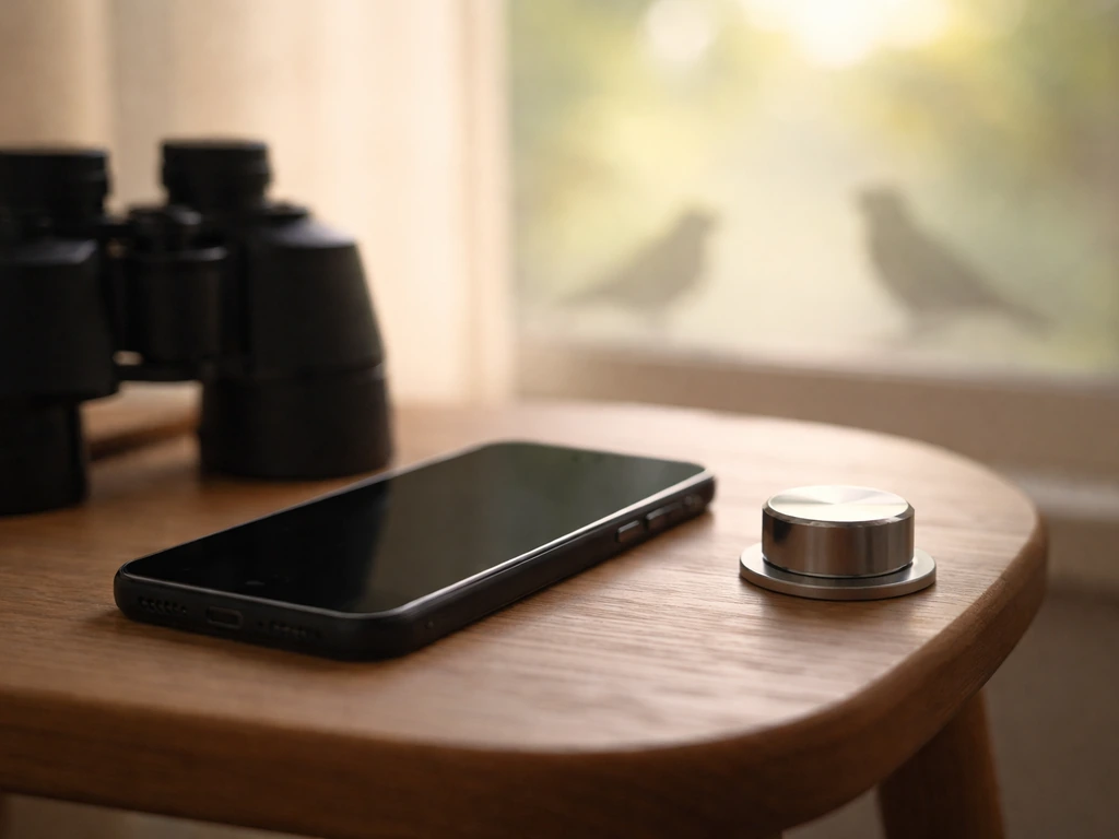 Phone set to low volume on a table with soft background birds in morning light.