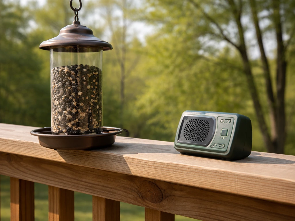 Bird feeder with seed and a small bird-call playback device on a porch railing nearby