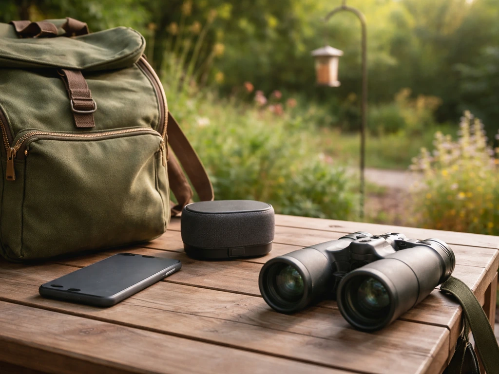 Minimal backyard patio setup with a small speaker, smartphone, and birdwatching tools near native plants.