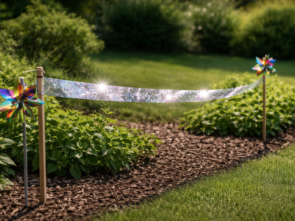 Sunlit yard with reflective bird-deterrent tape and rotating pinwheels catching light and deterring birds