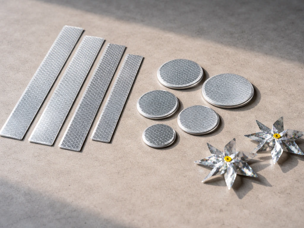 Reflective tape strips, discs, and pinwheels laid side-by-side in natural light