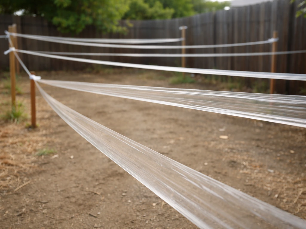 Close-up of horizontal tape strips loosely suspended between anchor points at measured spacing outdoors.