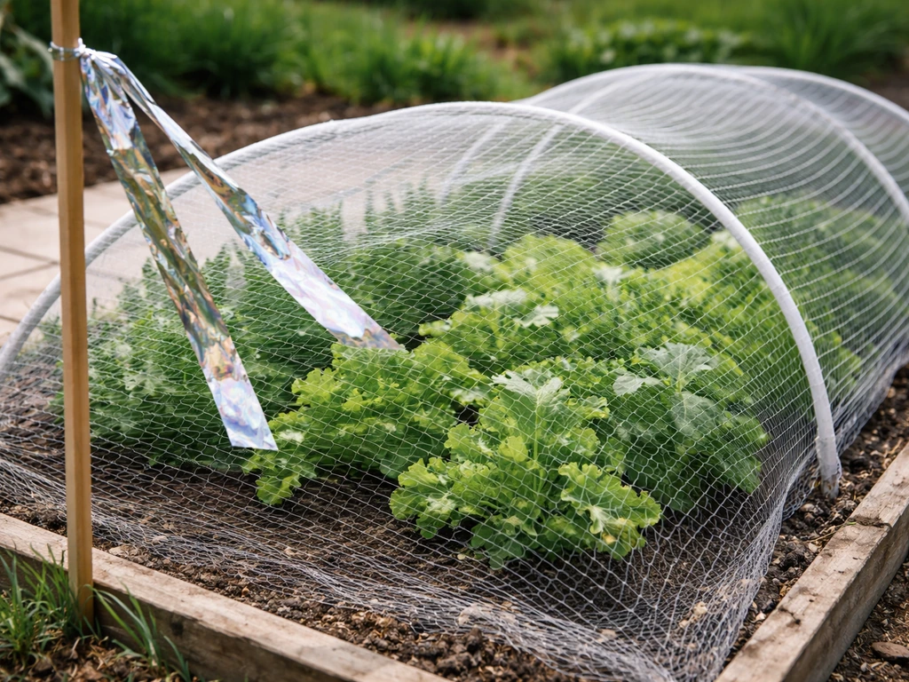 Reflective tape strung beside bird netting over a vegetable bed, showing combined exclusion and deterrence.