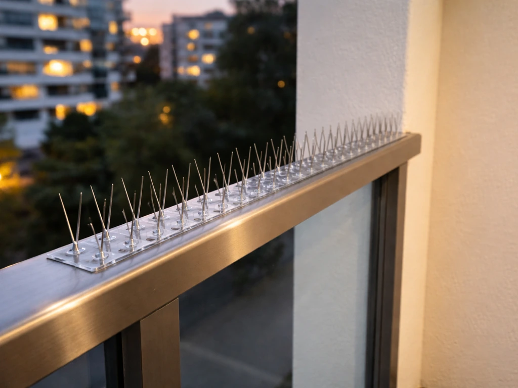 Close-up of balcony railing with discreet bird deterrent spikes installed to stop birds perching.