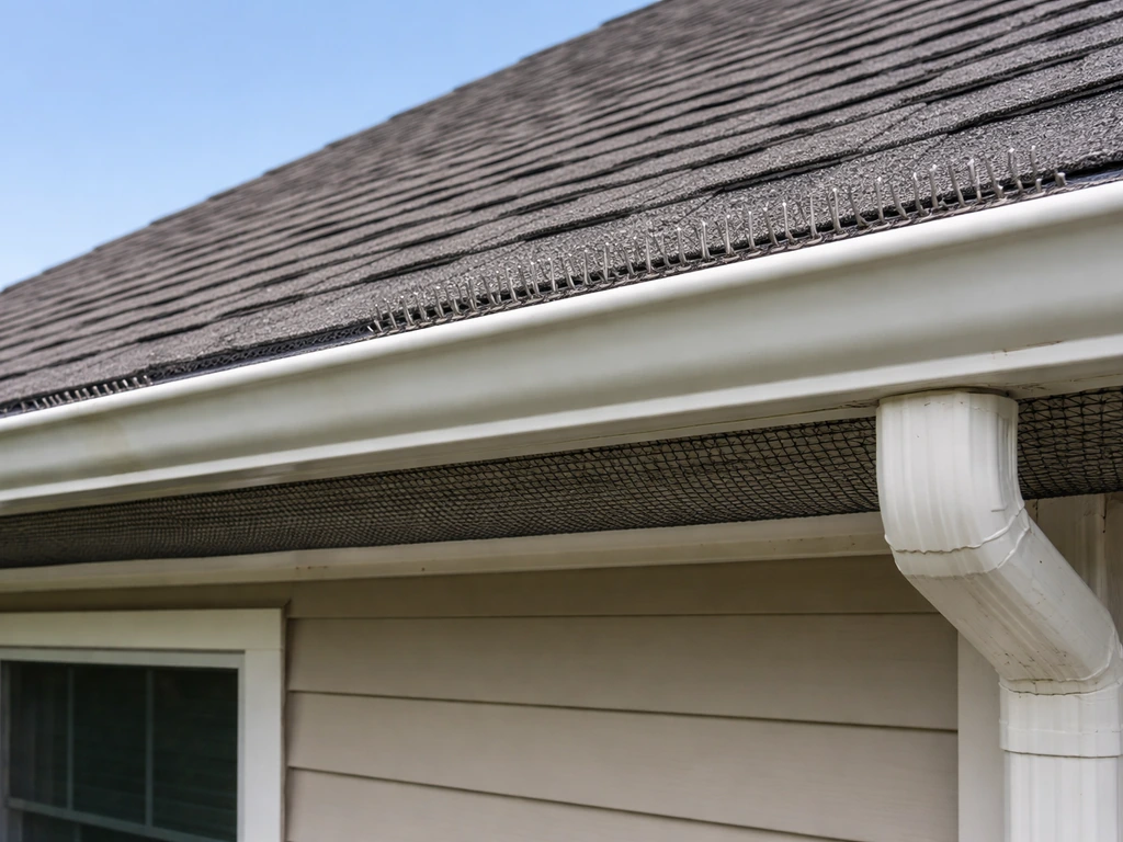 Home exterior roofline with subtle bird-proofing mesh and small ledge spikes along the eaves