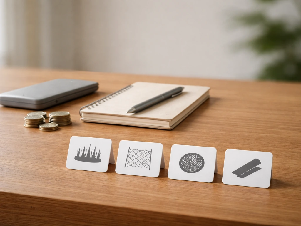 Minimal photo of a cost-notes desk scene with bird-proofing method icons and money cues, no text.