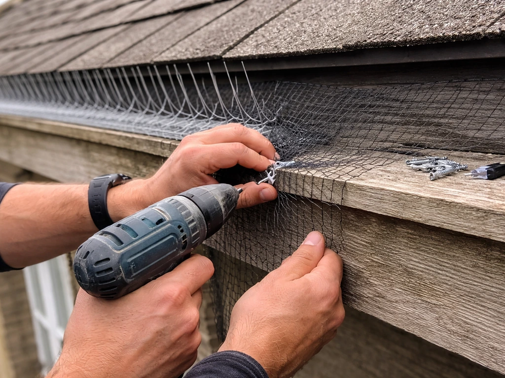 Hands install bird spikes or netting along a building eave with tools and screws visible.