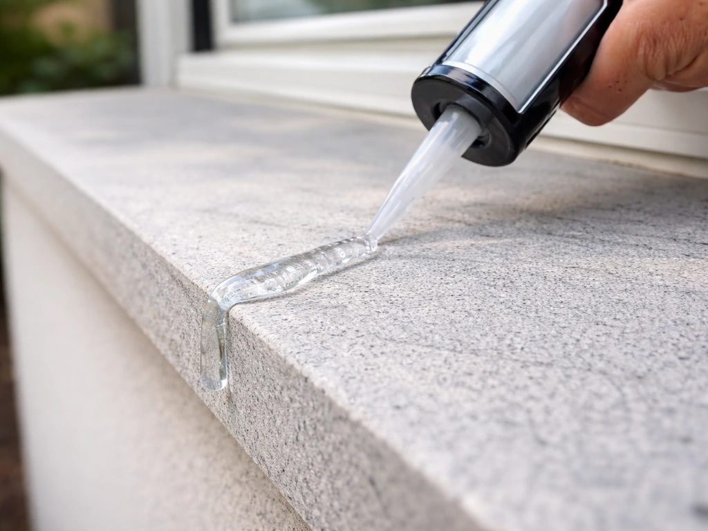 Hand using a caulk gun to apply a translucent chemical repellent gel on a window ledge.