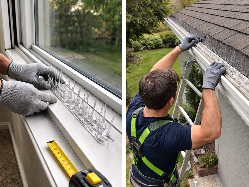 Split image showing DIY spike placement on a ledge vs safer professional install on a high gutter with a ladder.