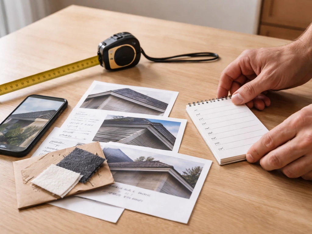 Checklist notepad and tape measure with roofline photos and ledge documentation on a table.