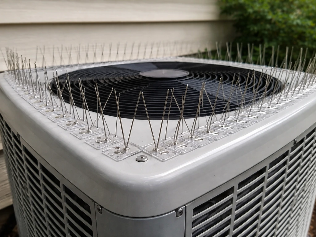 Outdoor AC condenser with stainless bird spike strips mounted along the top perimeter edge.