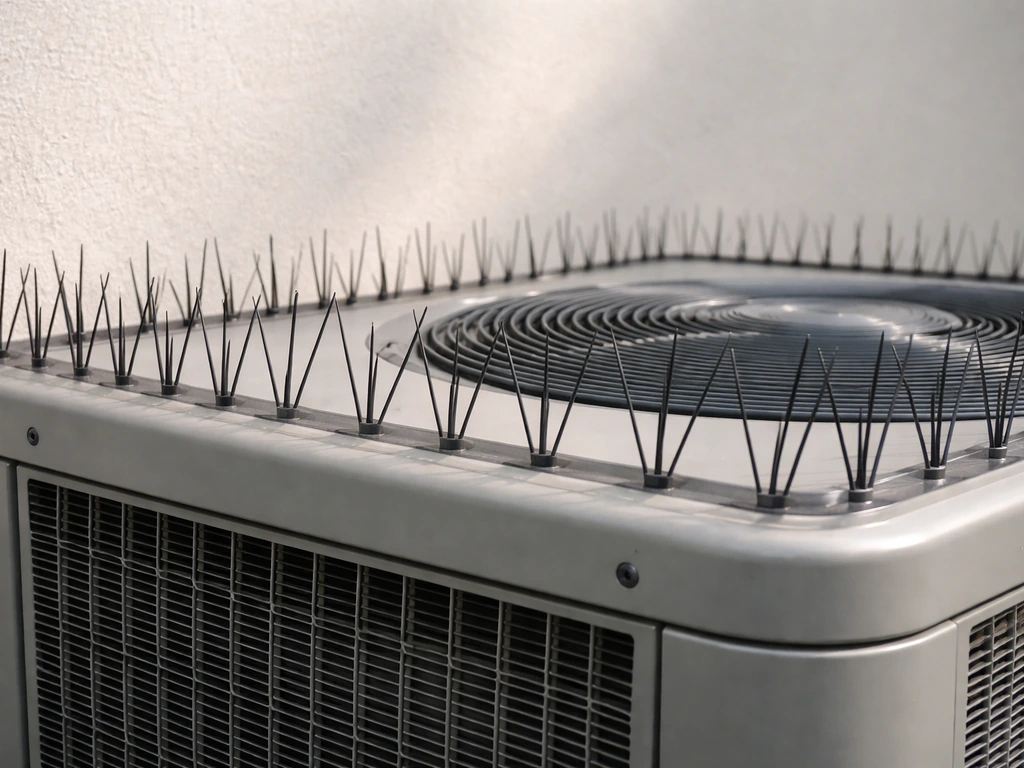 Close-up of an outdoor AC condenser top with bird spikes preventing birds from landing.