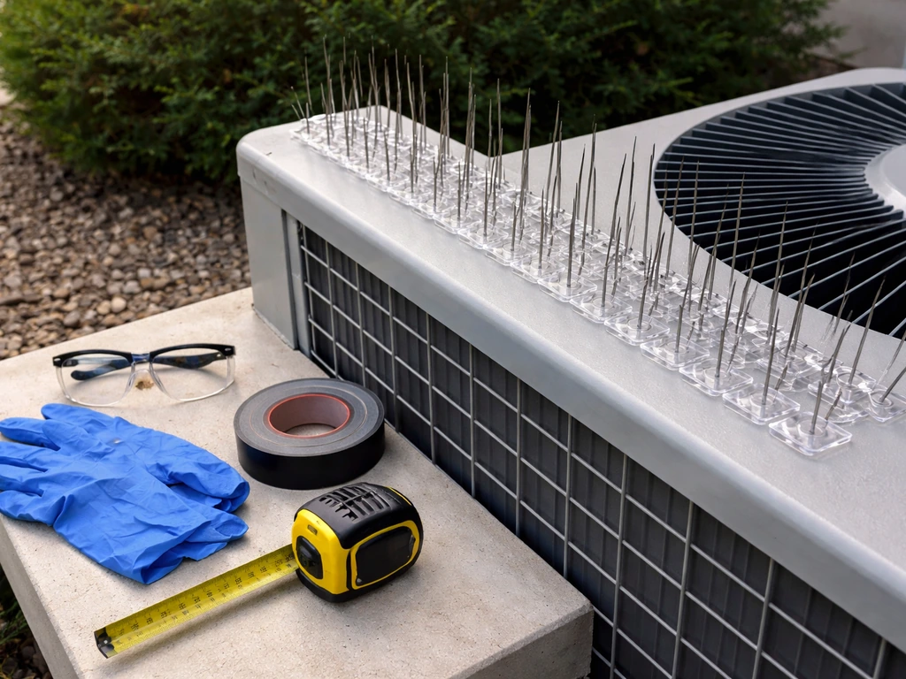 Tools and bird spike strips arranged beside an outdoor HVAC condenser with tape measure and safety gear.