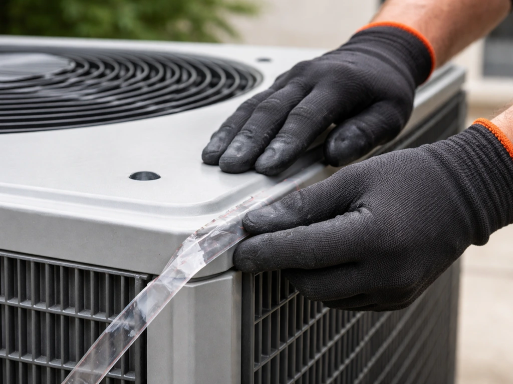 Technician wearing gloves applies adhesive on an AC condenser before fitting a protective strip
