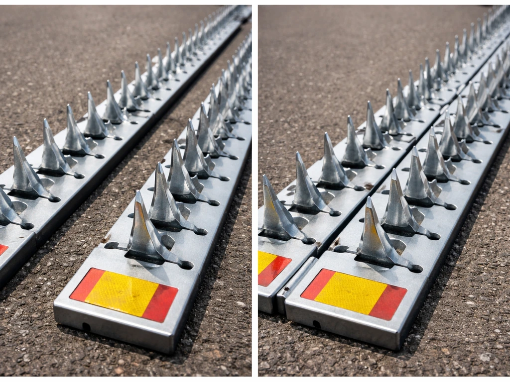 Close-up comparison of spike strips: a small gap on one side, and tight overlap joints with no gaps on the other.