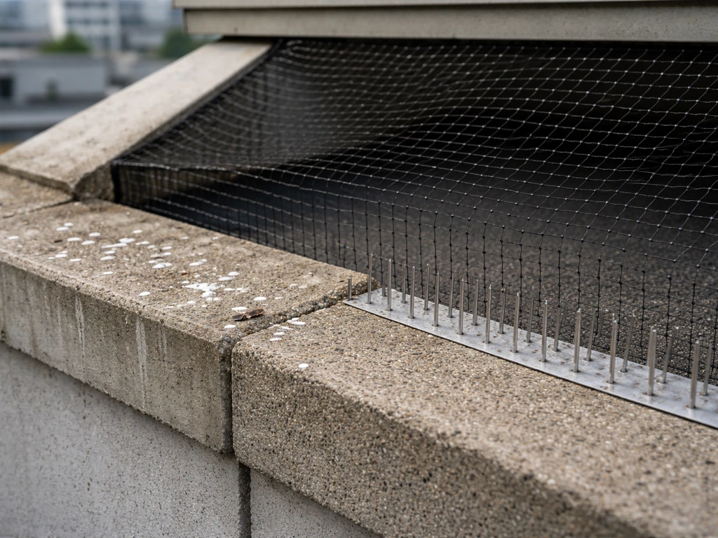 Rooftop ledge with visible bird droppings hazard area next to installed netting and anti-roost spikes.