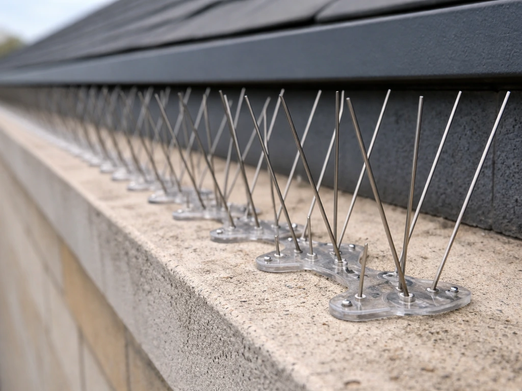 Bird spikes installed along a narrow roof ledge with adhesive and sectioned spike runs visible.