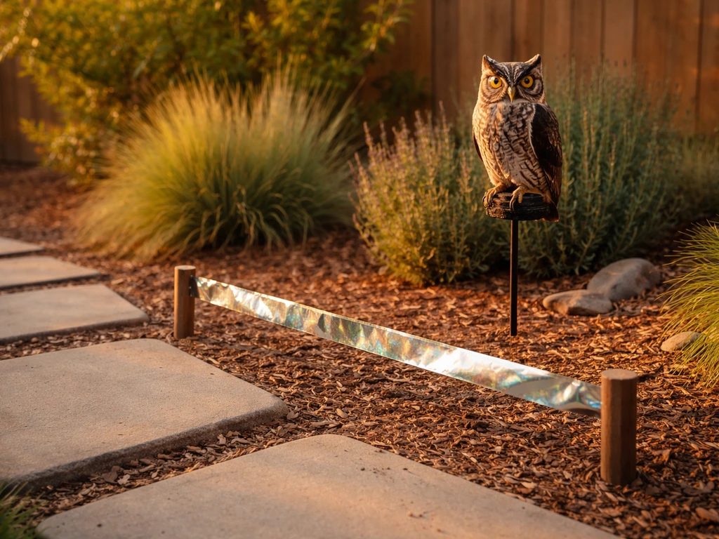 Outdoor patio with an anchored owl decoy and reflective flash tape arranged to deter birds.