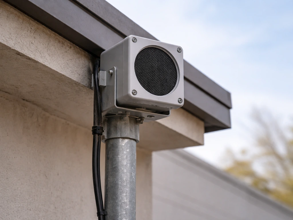 Daylight photo of a mounted outdoor audio alarm speaker on a post near a quiet roosting area
