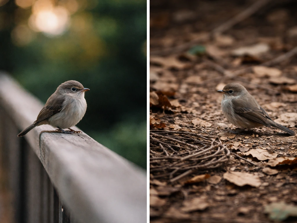 Close-up of small songbirds near a garden fence and nest area, split into simple side-by-side scenarios