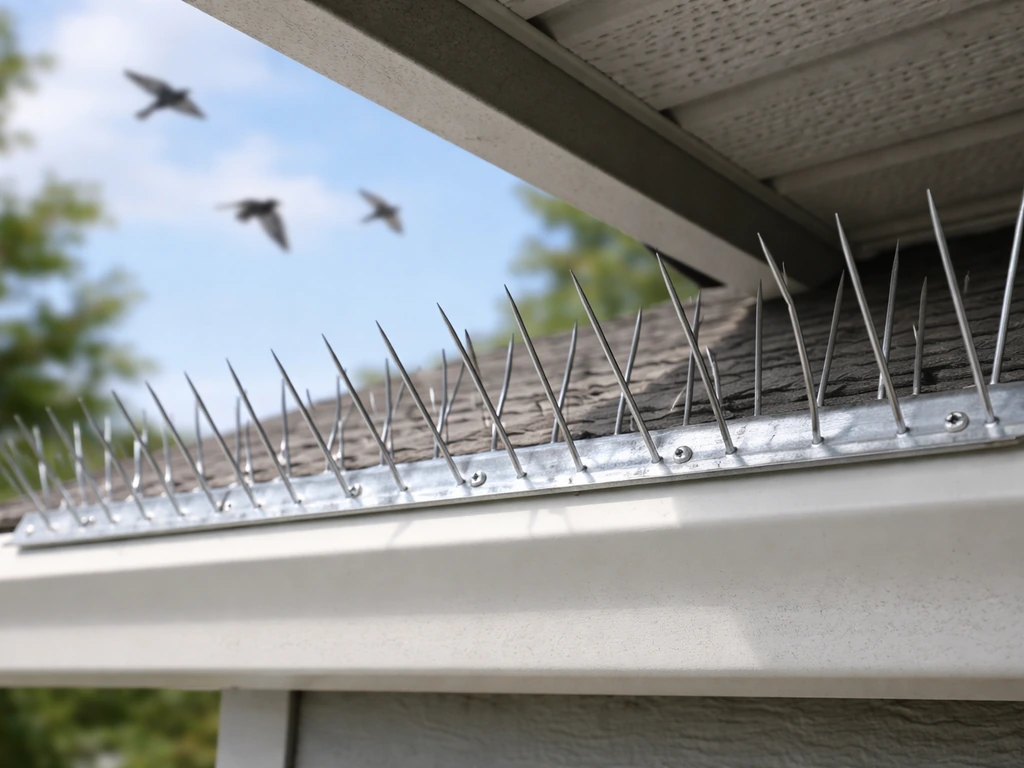 Close-up of bird spike strip installed along an eave, with blurred swallows flying in the background.