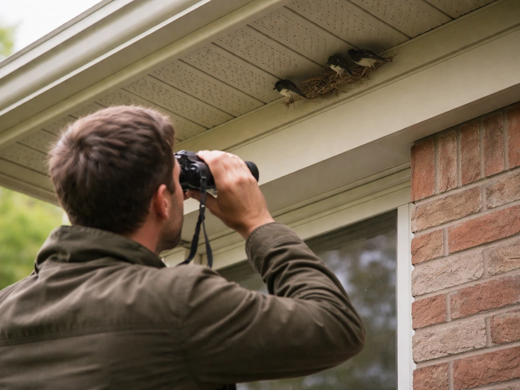 Person inspecting a building eave with binoculars while birds roost nearby
