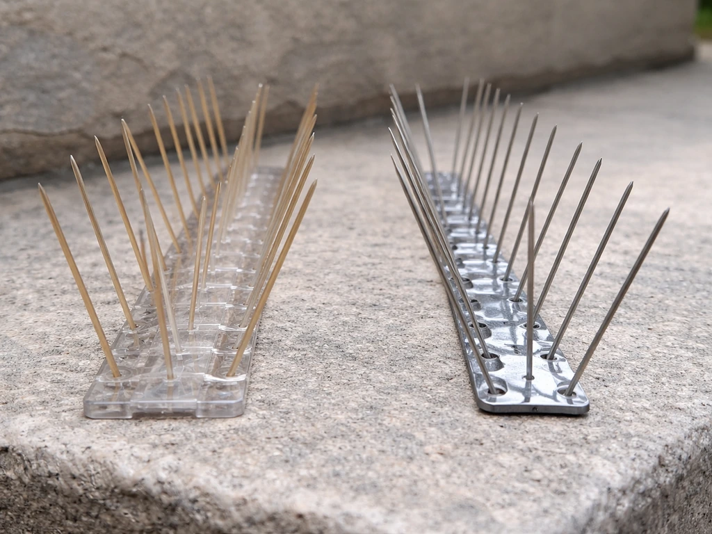 Side-by-side outdoor bird spike strip pieces showing translucent plastic vs shiny stainless steel pins.